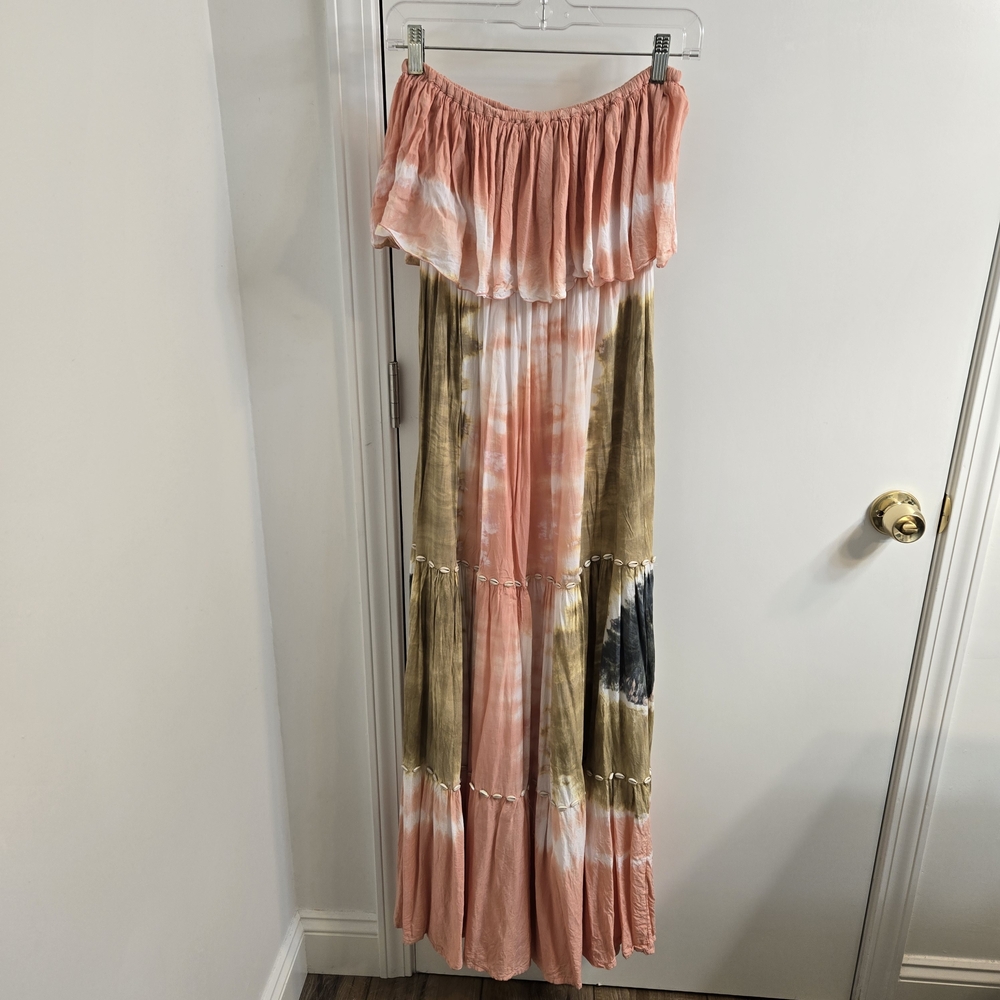 de mil amores Boho Tie-Dye Strapless Maxi Dress with conchas, Pink, One Size - Picture 3 of 16